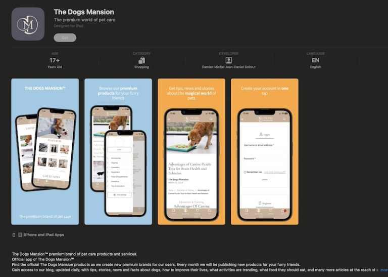 the dogs mansion, logo the dogs mansion, luxury pet shampoo, luxury pet food, luxury pets, luxury pet grooming, ios app, tdm android app, dogs mansion ios app, tdm